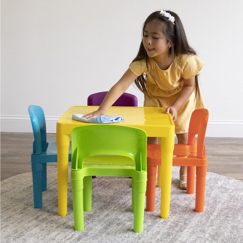 โต๊ะพลาสติก1สี่เหลี่ยมสำหรับเด็กและเก้าอี้4ตัวโต๊ะสีเหลือง/เก้าอี้ที่มีชีวิตชีวา
