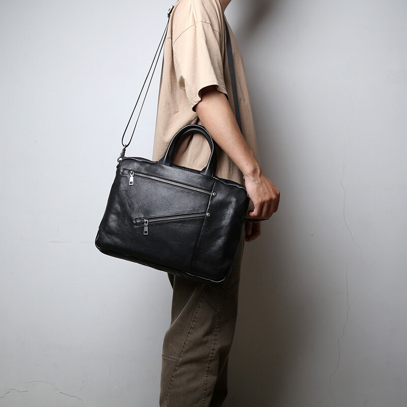 Men's Leather Handbag High-End Light Luxury Men's Business Laptop Official Document Bag Top Layer Cowhide Briefcase