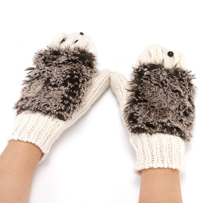 Women Ski Cartoon Hedgehog Fingers Gloves Thicken Winter Hand Warmer Knit Wrist Mittens Student Cute Girl Birthday Present T11