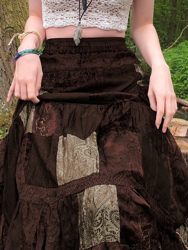 Śliczne długie spódnice z nadrukiem Boho Grunge Fairycore Retro spódnice Kawaii świąteczne brązowe plisowana spódnica kobiet eleganckie