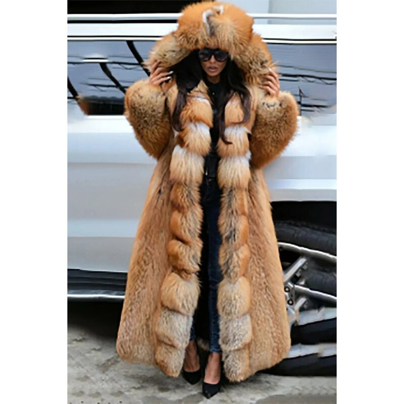 Plus Size codzienny płaszcz brązowy z kapturem i długim rękawem płaszcz ze sztucznego futra