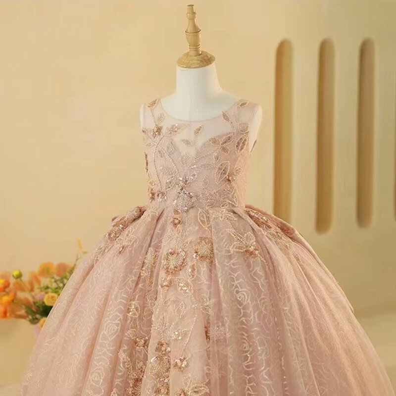 Jill Wish Luxury Arabic Pink Girl Dress Beading Crystal Dubai Kids Princess Birthday Wedding Party Ball Formal Gown 2024 J217