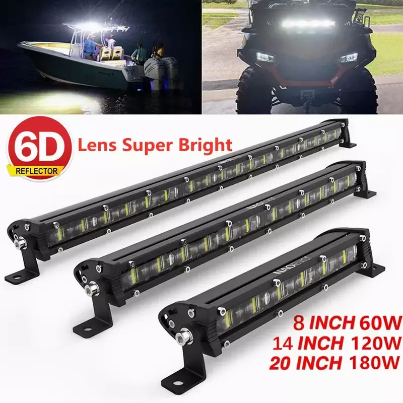 6D Ultra Strip LED Light Bar, lâmpada de nevoeiro, luz de trabalho, 4x4 Led Bar para motocicleta, carro, Offroad, SUV, ATV, trator, 8 ", 14", 20"