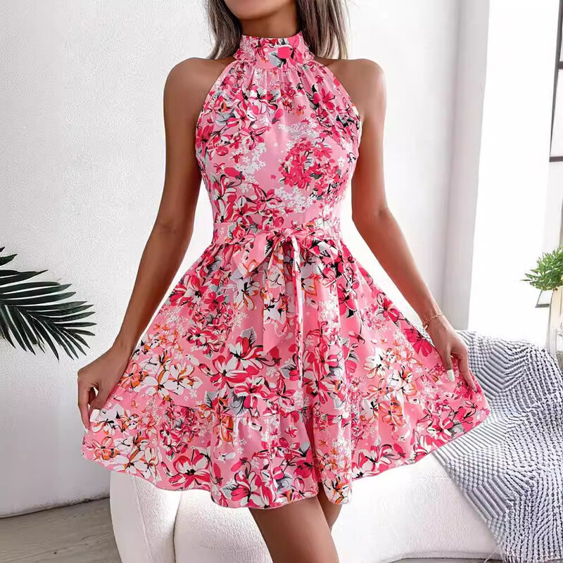 2024 Summer Mini Skirt Sleeveless Floral Fashion Girls Halter Neck Off Shoulder Waist Dress Women