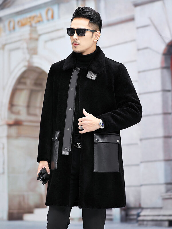 2023 Men Winter New Fashion Long Real Lamb Fur Coats Male Long Sleeve Pockets Overcoats Men Genuine Fur Warm Jackets P488