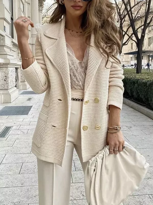 Women Double Breasted Button Solid Color Autumn Winter Blazer Jacket Fashion Casual Long Sleeve Coat Cardigan