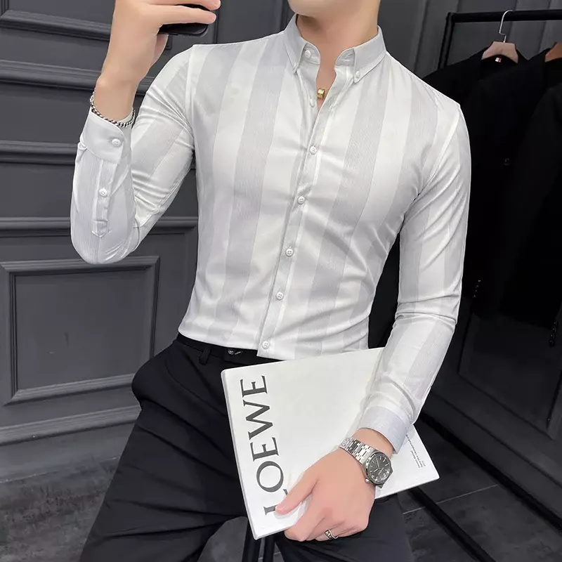 Autumn New High Quality Striped Shirt Men Luxury Slim Fit Business Casual Shirt Formal Men Long Sleeve Party Prom Clothing Homme