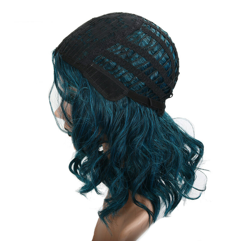 Peruki z kręconymi włosami typu Cosplay dla kobiet krótka niebieska przedziałek z boku wysokotemperaturowe włókno jedwabne peruki syntetyczne codzienna naturalne kręcone włosy peruka
