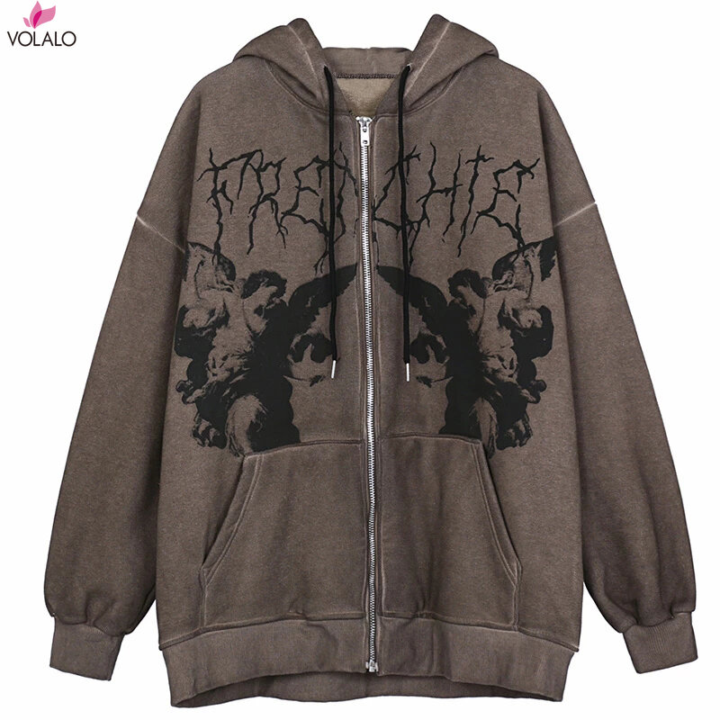 Hip Hop Streetwear Hoodie Angel Print Jacket Harajuku Cotton Fleece Jacket Hanban Jacket Oversized Zip Sweatshirt Y2K Clothing