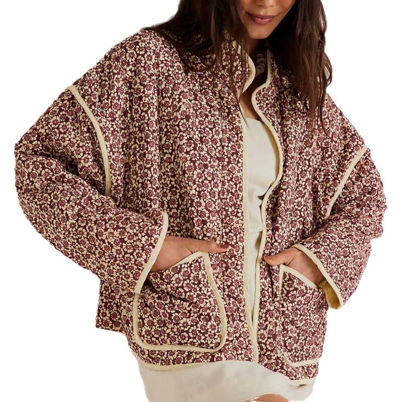 Chaqueta de mujer 여성용 겨울 재킷, 가을 꽃 프린트 얇은 포켓 장식 가디건, 코튼 코트, 여성 상의
