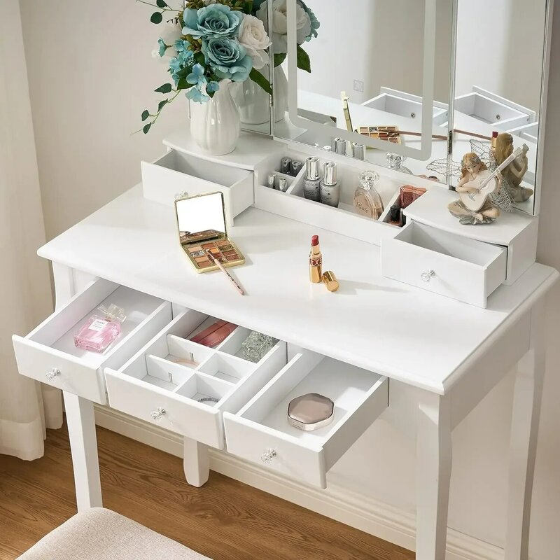 مكتب زينة مع مرآة وأضواء ، طقم زينة أبيض ، مرآة ثلاثية الطي ، 3 أوضاع ، مكياج