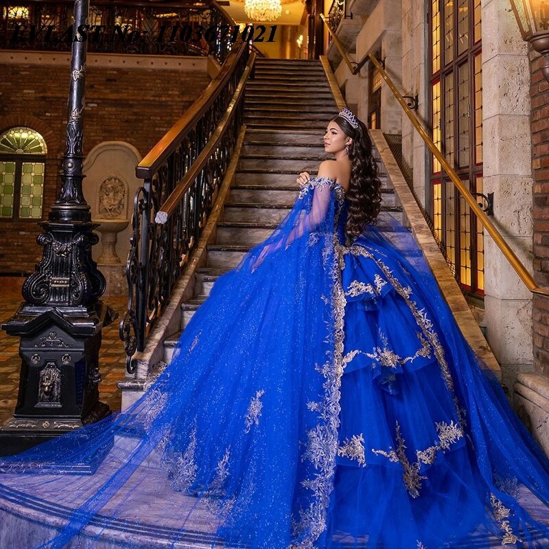 EVLAST Glitter Royal Blue Quinceanera Dress Ball Gown Gold Lace Applique Beaded Mexico Corset Sweet 16 Vestidos De XV Anos SQ345