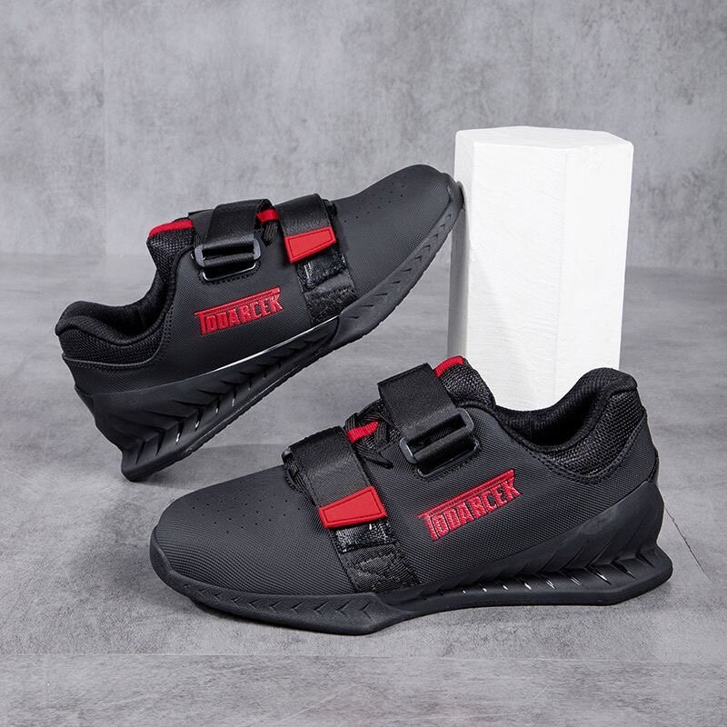 Zapatos profesionales para levantamiento de pesas para hombre, calzado deportivo de cuero para gimnasio en interiores, de buena calidad, color negro