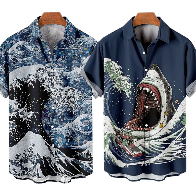 Camisa havaiana vintage masculina, streetwear japonês com ondas marinhas, blusa de manga curta, lapela, rua, verão, nova