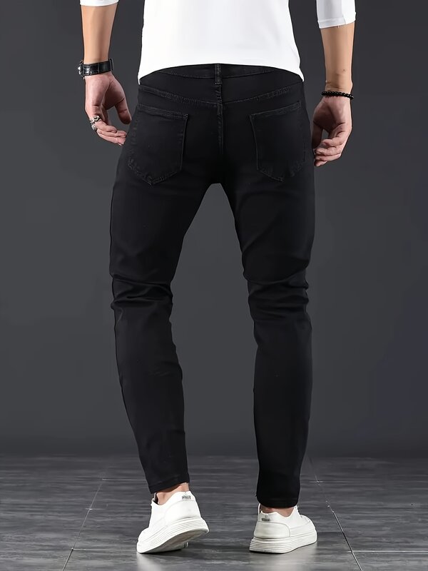 Jeansy męskie Stretch Skinny spodnie dżinsowe jednolity kolor czarny niebieski jesień lato luksusowe uliczne Harajuku Hip-styl hiphopowy szczupła spodnie do fitnessu