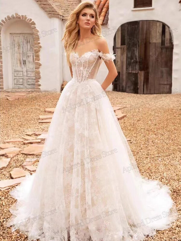 Wunderschöne Brautkleider A-Linie glamouröse Brautkleider Spitzen applikationen von der Schulter Roben Schatz hübsche Vestidos de Novia