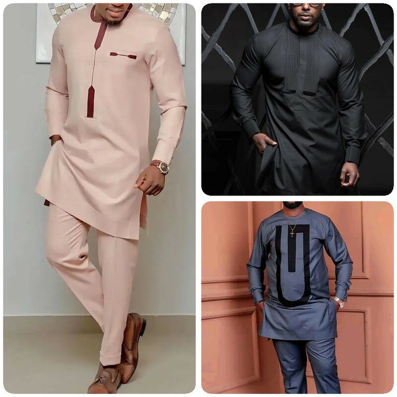 Novo conjunto homem 2 peças dashiki africano roupa dos homens dashiki camisa de manga longa calças terno africano para homem conjunto 2 peças (M-4XL)