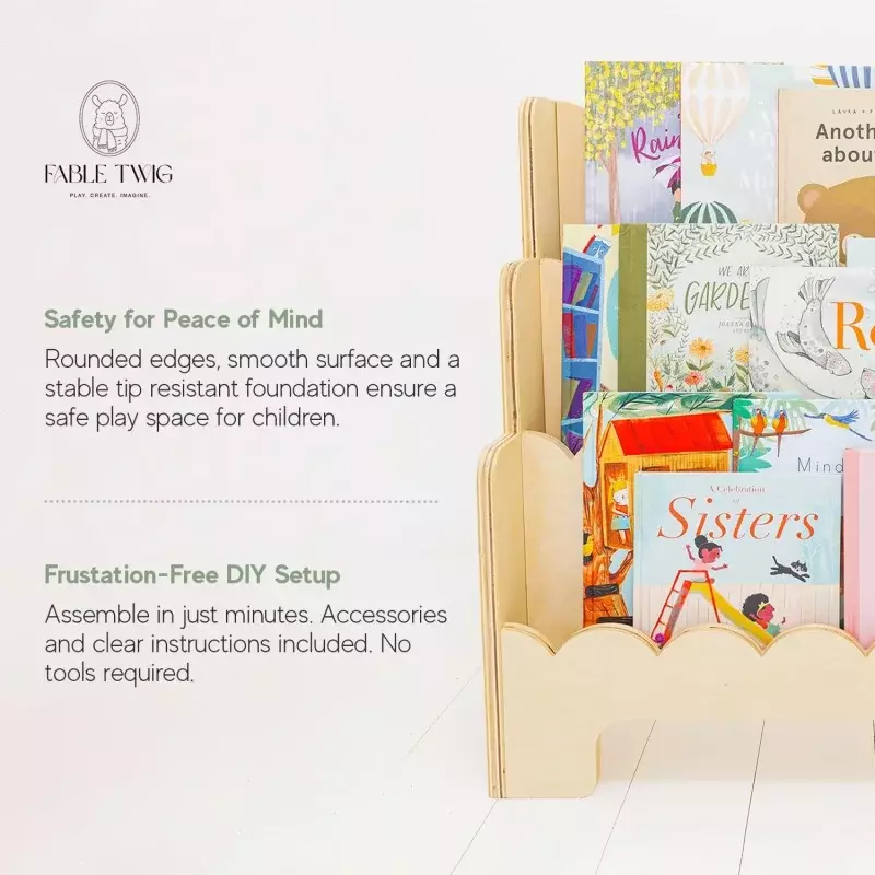 Wooden Kids Bookshelf w/Scalloped Edges - Perfect Height 3-Tier Montessori Bookshelf for Kids - Durable Childrens Bookcase for K
