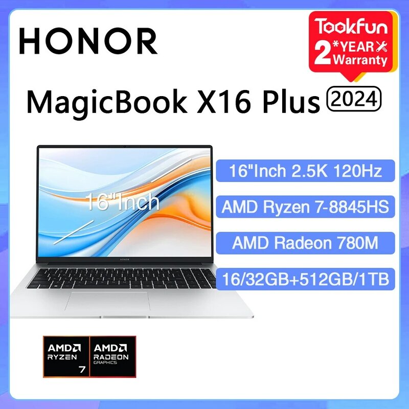HONOR-MagicBook X16 Plus 2024 Laptop, Computador Ultrabook, PC, AMD, Ryzen R7, 8845HS, 16GB, 32GB, 512GB, 1TB, 16 pol, 2,5 K, 120Hz