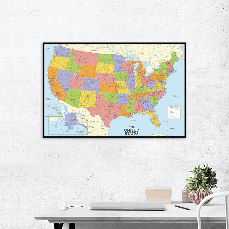 Pintura en lienzo del mapa política de los Estados Unidos, póster de arte de pared moderno, suministros escolares, decoración del hogar para sala de estar, 60x40cm
