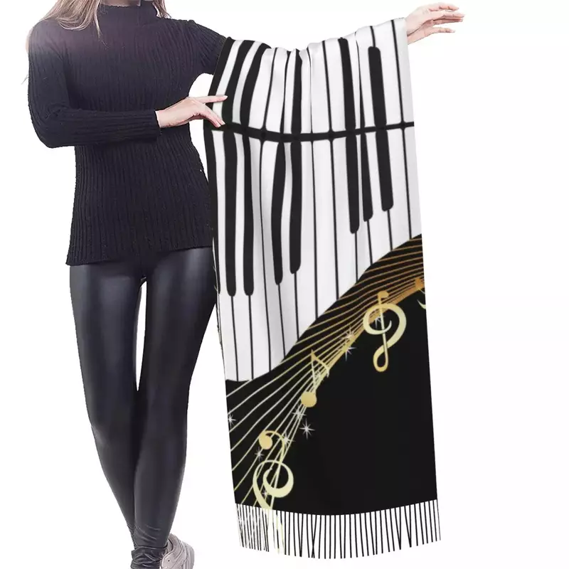 Зимний длинный шарф с музыкальными нотами для фортепиано, большие шарфы с кисточками, мягкая Пашмина
