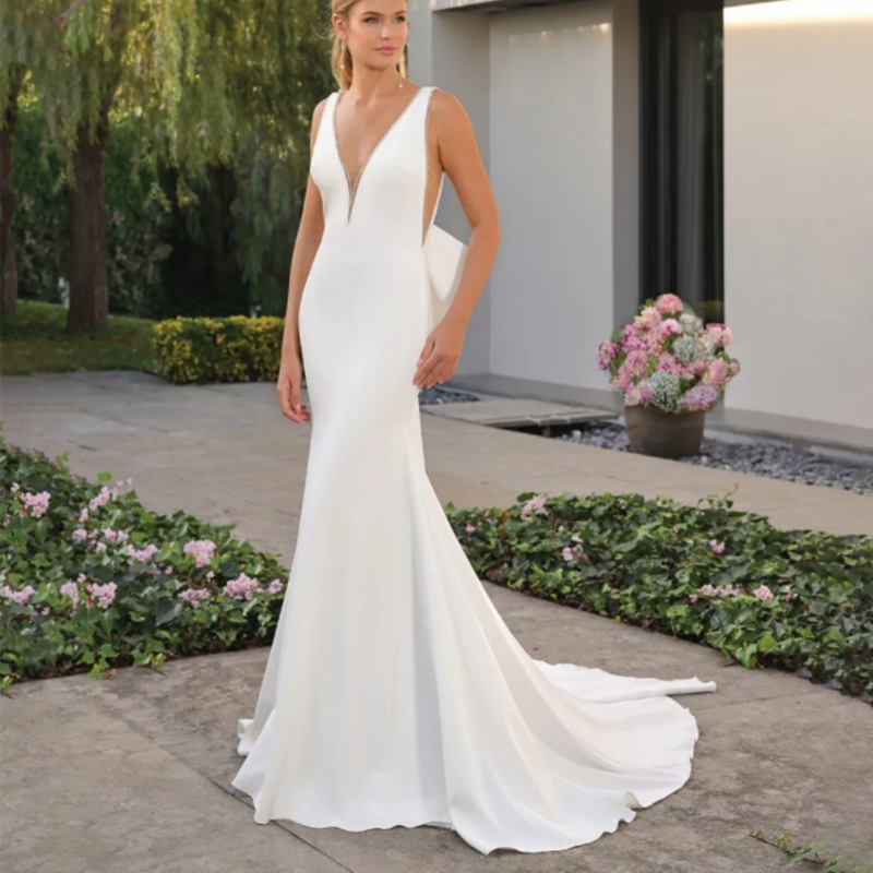 Женское длинное свадебное платье It's yiiya, белое винтажное платье из крепа с V-образным вырезом и бантом, расшитое бисером, на молнии, со шлейфом на лето 2019