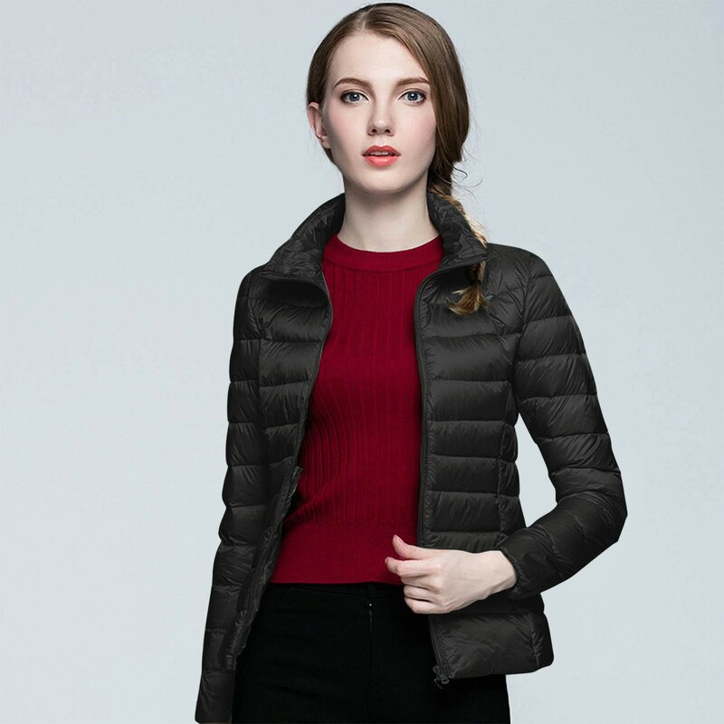 Jaket hangat ringan untuk wanita, jaket bulu angsa parka Musim Dingin berbantalan termal berkerah berdiri ramping pendek gaya Luaran lembut