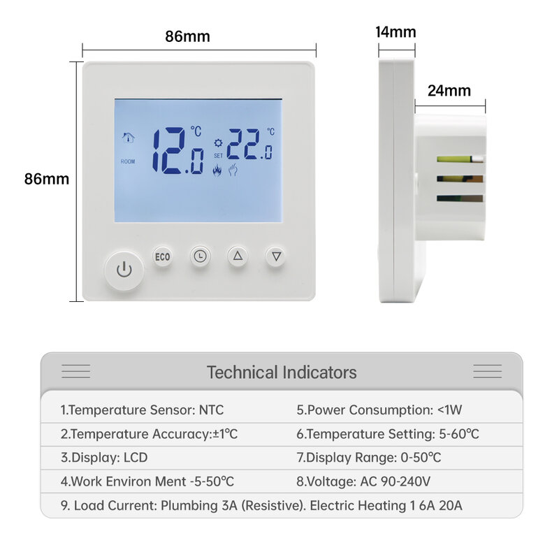 AC90V-240V 3A 16A Water Electric Floor Heating TRV House Room Thermostat Temperature Controller Digital LCD Display Wall Mounted