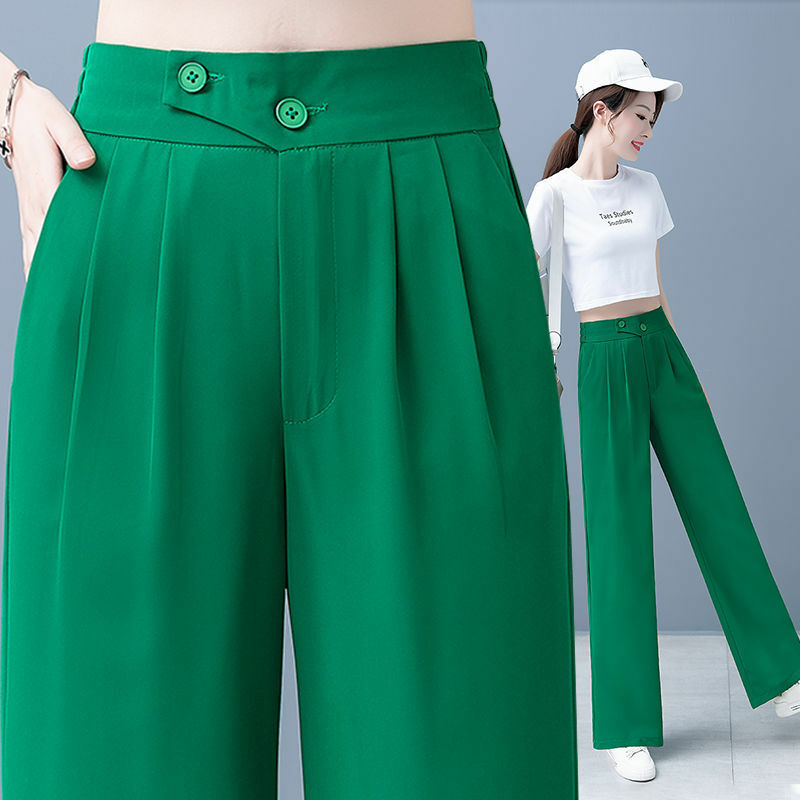 Pantalones de traje de oficina para mujer, pantalones de pierna ancha elásticos de moda coreana que combinan con todo, Pantalones rectos clásicos de cintura alta de Color sólido, sueltos