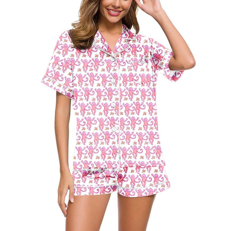 Conjunto de pijama con estampado gráfico de conejo enrollable para mujer, camisa y pantalones cortos, mono de manga corta, ropa de dormir Preppy, lindo, 2 piezas