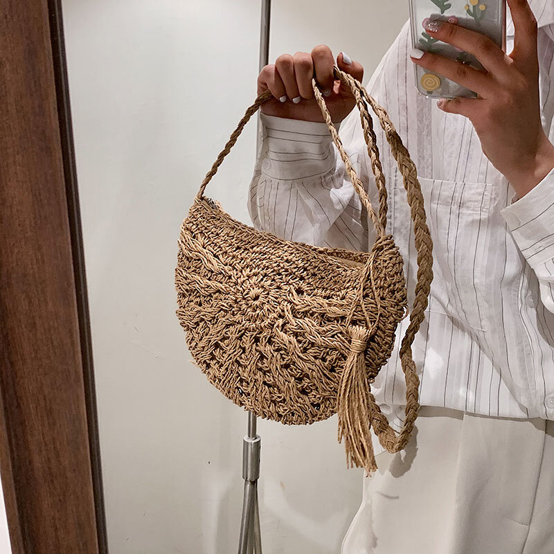 Basket Rattan Shoulder Bags For Woman Straw Weaving Woman Bags Summer Beach Style Fashion Rattan Woven Handbag And Purse