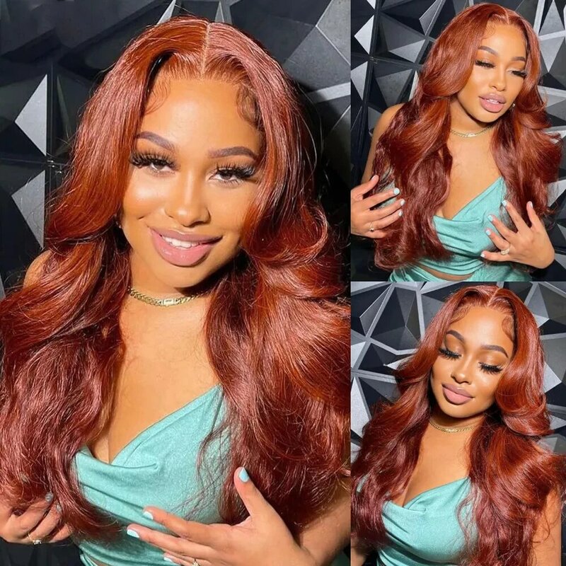 Reddish Brown Body Wave Lace Front Wigs HD Transparent Auburn Colored Lace Wigs Copper Red 180 Density Synthetic Glueless Wigs