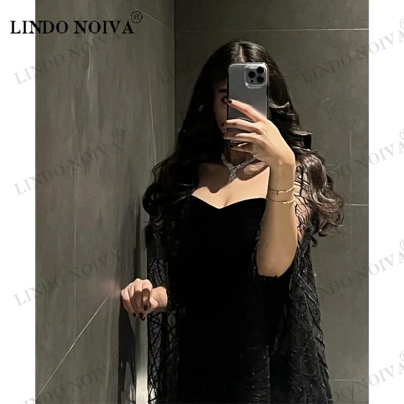 LINDO NOIVA-Vestidos de Noche de satén con lentejuelas de encaje negro para mujer, brillantes vestidos de fiesta árabes saudíes con chaqueta, vestido de graduación con escote corazón