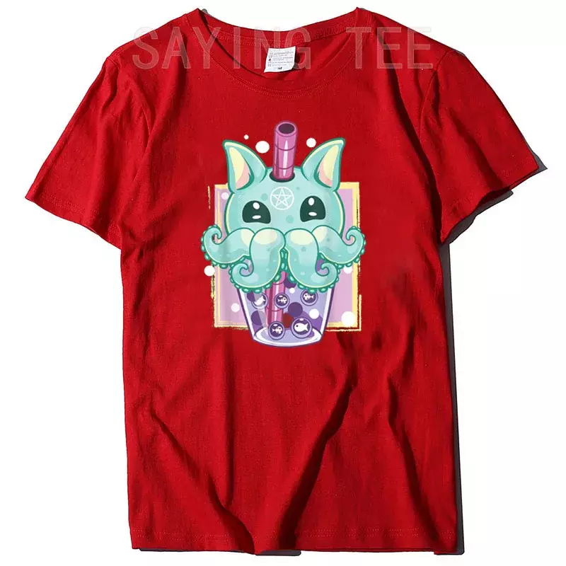 Kawaii Pastel Goth Creepy Creature Boba Bubble Tea Anime T-Shirt Japanese Style Cartoon Graphic Tee Tops Funny Aesthetic Clothes