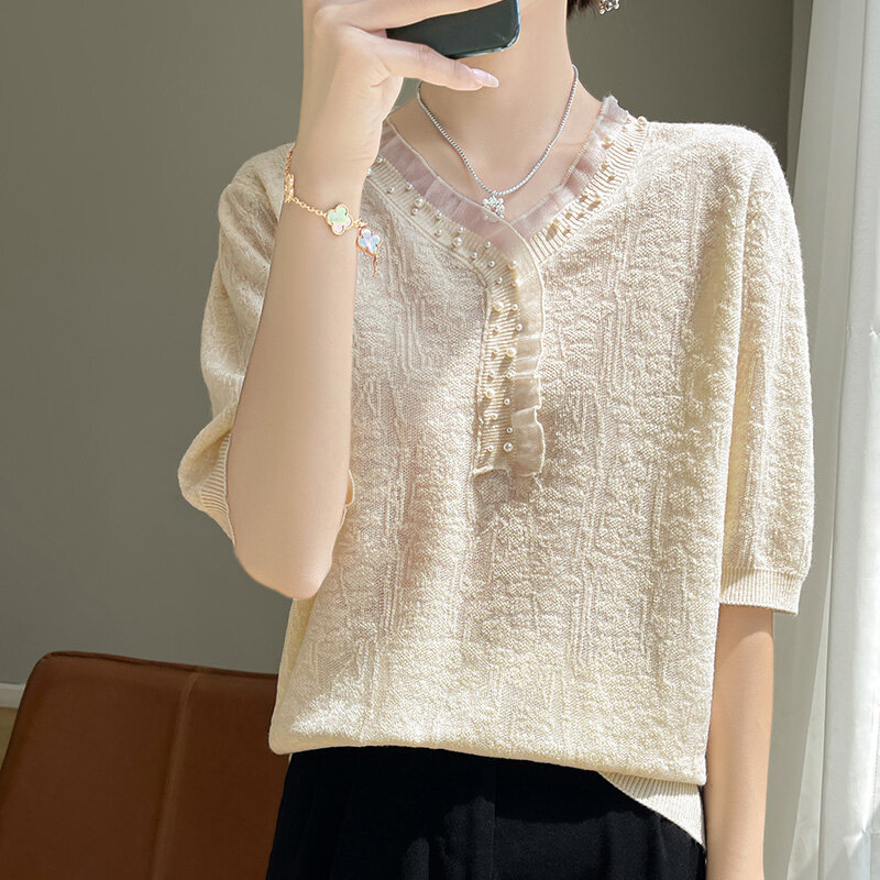 Camiseta de manga corta de punto de seda de hielo para mujer, chaqueta de cáñamo de algodón con temperamento, Media manga, 2024
