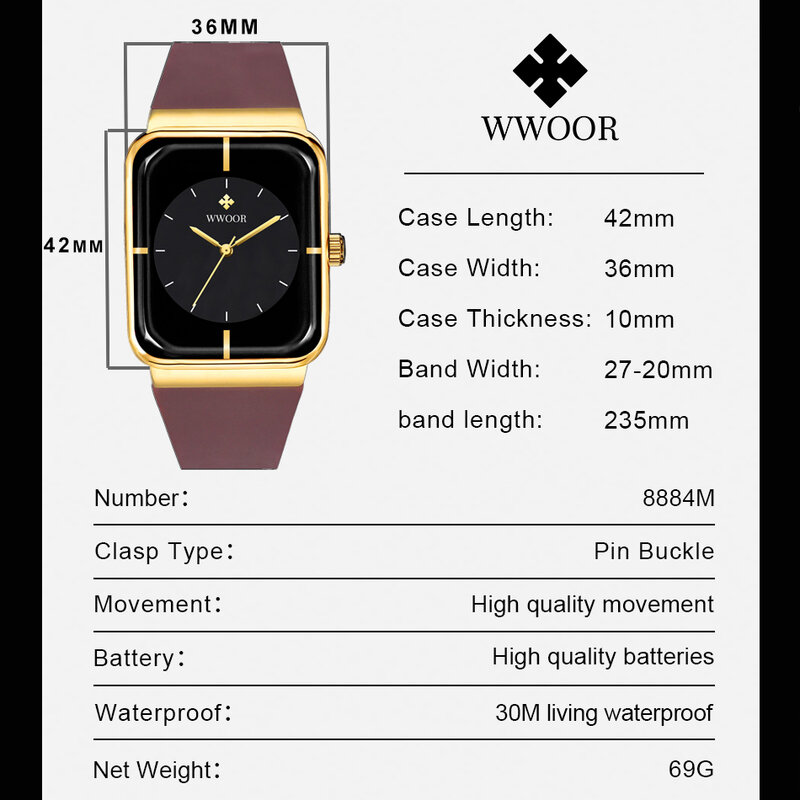 Wwoor 2024นาฬิกาผู้ชายแฟชั่นใหม่แบรนด์หรูกันน้ำนาฬิกานาฬิกาผู้ชายนาฬิกาควอตซ์สี่เหลี่ยมเรียบง่าย