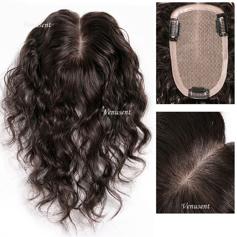 Topper de cabello humano con Base de seda para mujer, peluquín Remy europeo virgen, peluquín de onda Natural con Clips en negro Natural, 9x14cm