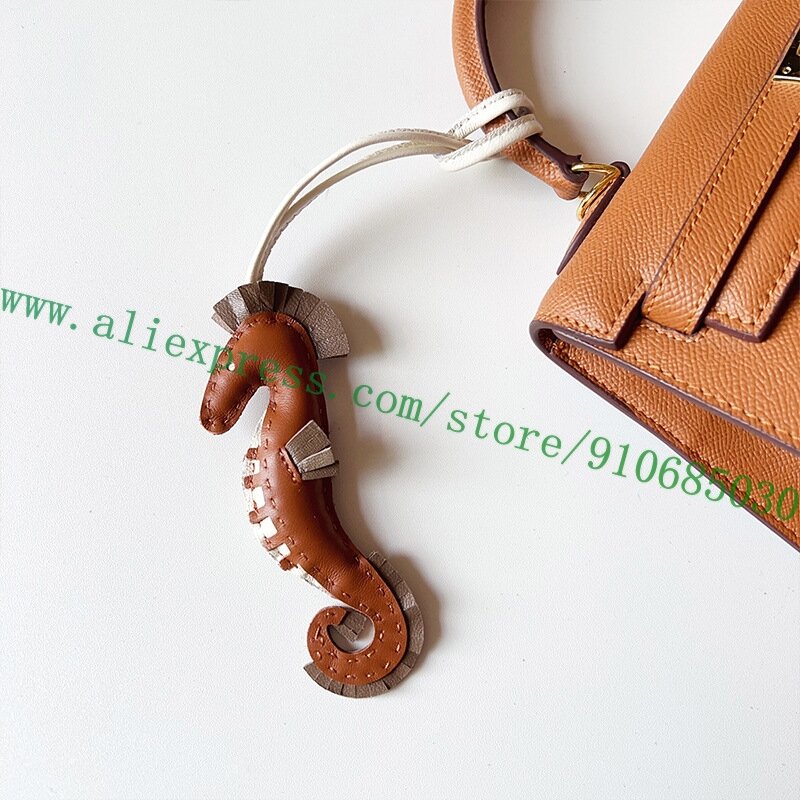 Chaveiro de couro real para decoração de bolsa, adorável saco de hipopótamo charme, ornamento de cavalo marinho, 5 cores, grau superior