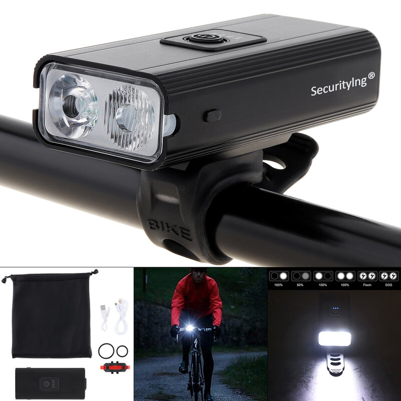 USB Rechargeable LED Bike Headlight for Night Riding with 6 Lighting Modes, Power Display, Taillight with 4 Modes