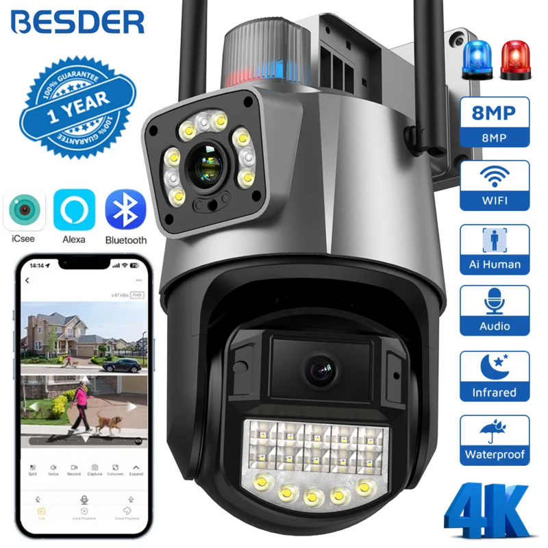 BESDER 8MP PTZ WiFi กล้องคู่หน้าจอสีการมองเห็นได้ในเวลากลางคืนกลางแจ้ง4MP เครื่องบันทึกภาพกล้องวงจรปิดกล้องวงจรปิดการเฝ้าระวังกล้อง ICSEE App