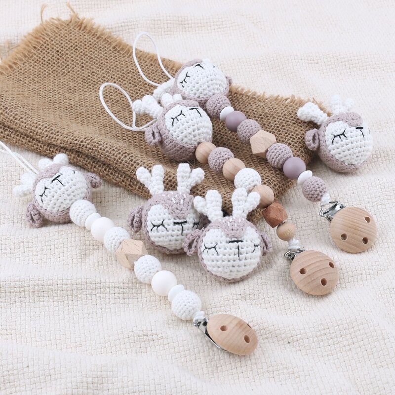 Handmade Crochet bebê chupeta Clipe, Animal dos desenhos animados, miçangas de malha, corrente chupeta, Anti-Drop, Titular manequim recém-nascido, clipes de mamilo