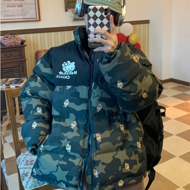 Cute Cartoon Hello Kitty Camouflage Harajuku Down Jacket Winter Loose Zipper Coat Casual Warm Jacket For Women