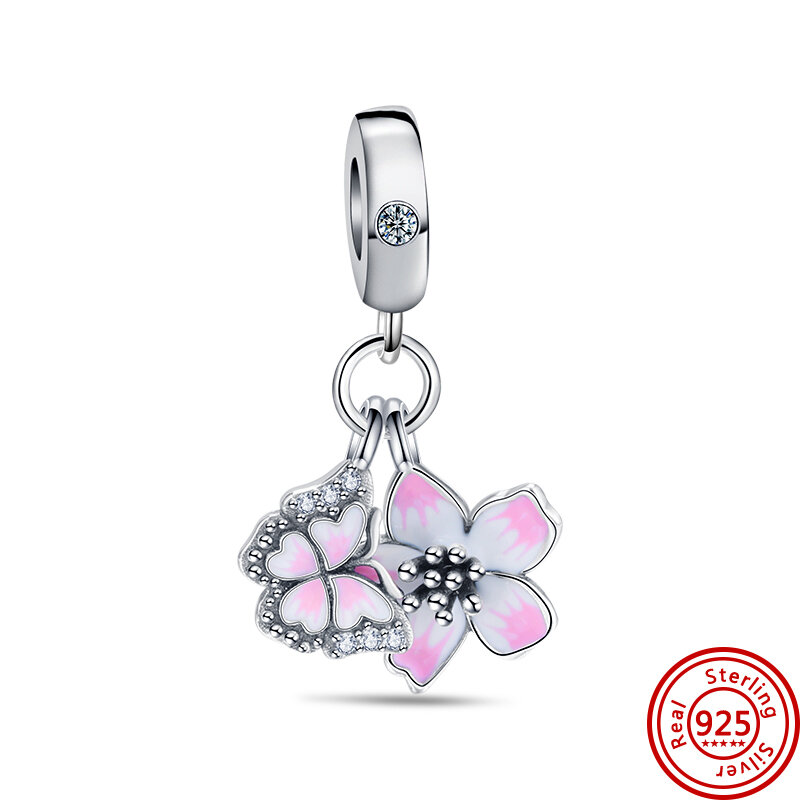 925 Sterling Silver Sakura Pansy Butterfly Dangle Charms Beads Pendant Fit Original Pandora Bracelet For Women Jewelry Gift DIY