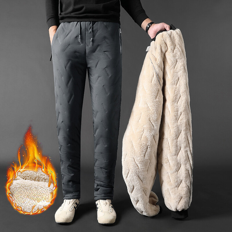 Calça quente de lã casual masculina moletom de lã de cordeiro, corredores espessos, impermeável, inverno, calça masculina com cordão térmico