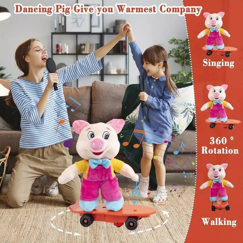 Monopatín cerdo de juguete de animales de peluche, monopatín de dibujos animados, bicicleta de equilibrio, juguetes de cerdo en monopatín, juguete para cantar y girar