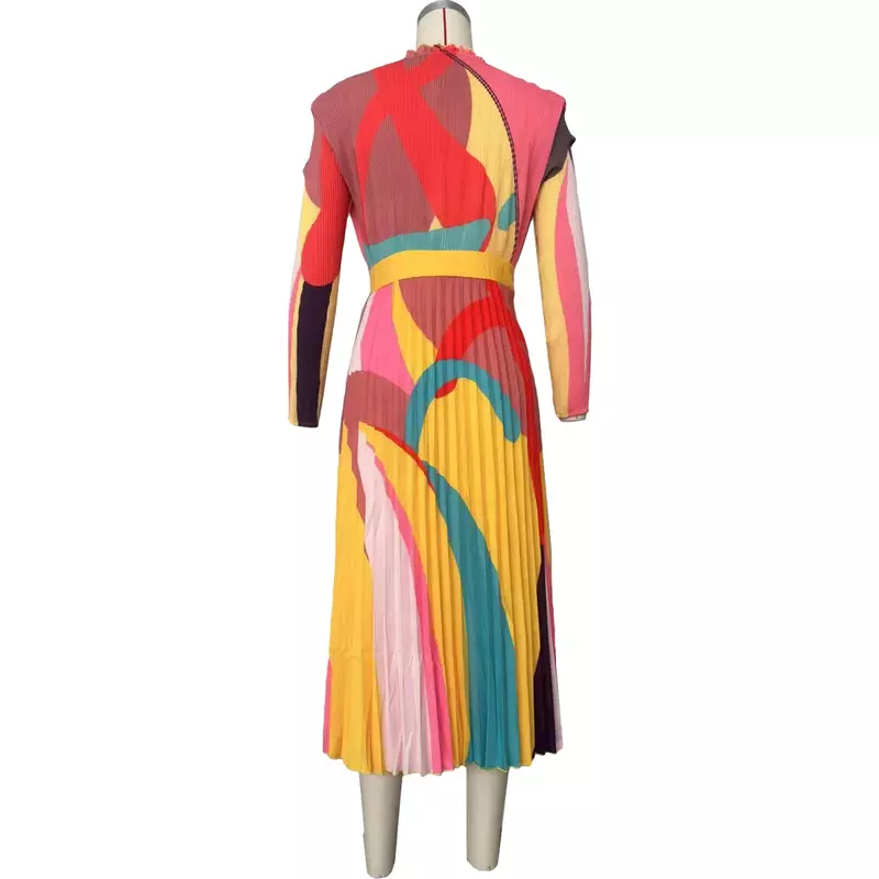 Vestido plissado estampado feminino manga comprida com o pescoço, vestidos africanos Dashiki, roupas de outono, 2023