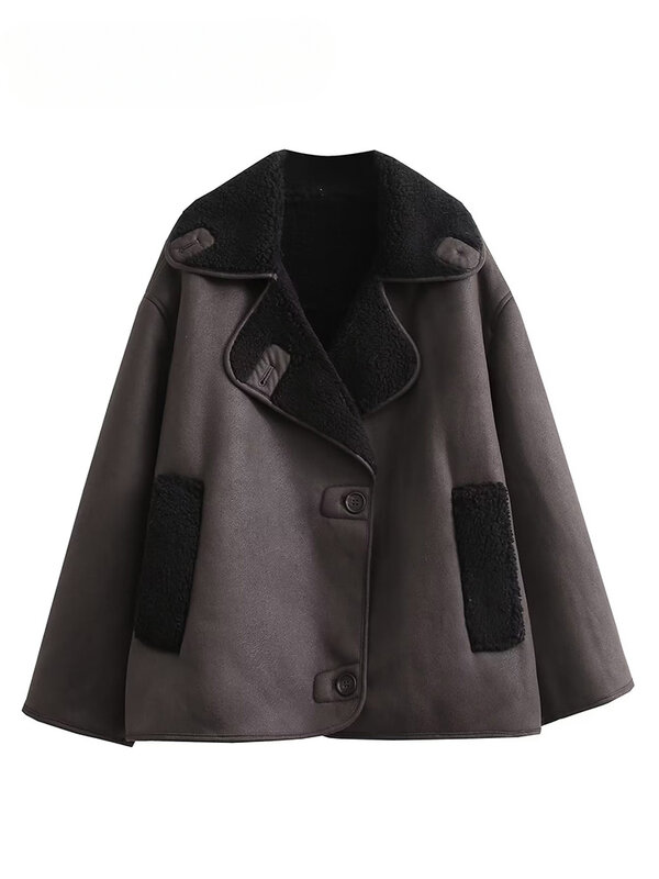 Женская флисовая куртка с длинным рукавом, винтажная теплая куртка из искусственной кожи, повседневная однотонная верхняя одежда с карманами и отложным воротником, зима 2023