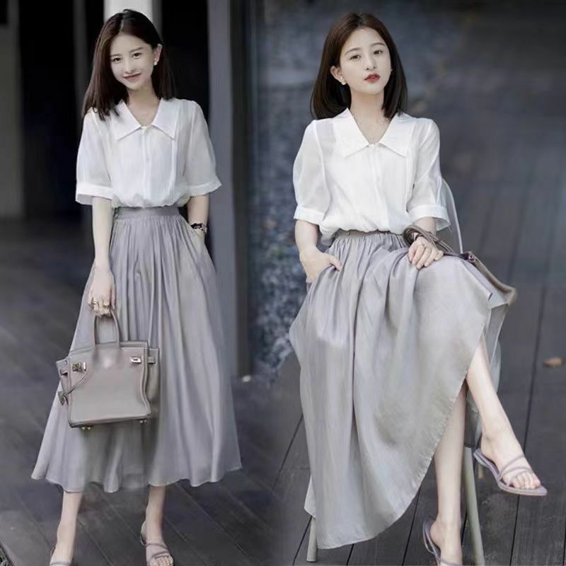 2024 eleganckie modne Harajuku Slim Fit ubrania damskie luźne casualowe, pełne wstawki z dekoltem w szpic z krótkim rękawem zestawy spódnic