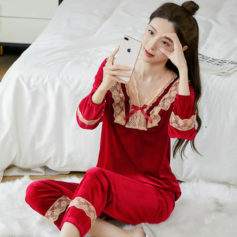 Бархатные пижамные комплекты, Женская кружевная Милая одежда с цветочным рисунком, одежда для сна с длинным рукавом, пижамные брюки, Корейская Домашняя одежда, весенне-осенний костюм из 2 предметов