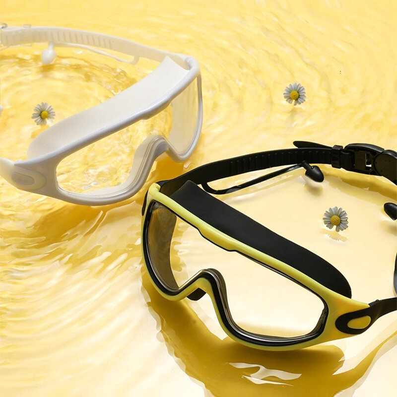 큰 프레임 수영 고글 실리콘 수영 안경, 귀마개가 있는 안경, 남녀공용 HD 김서림 방지 안경, 수영 액세서리